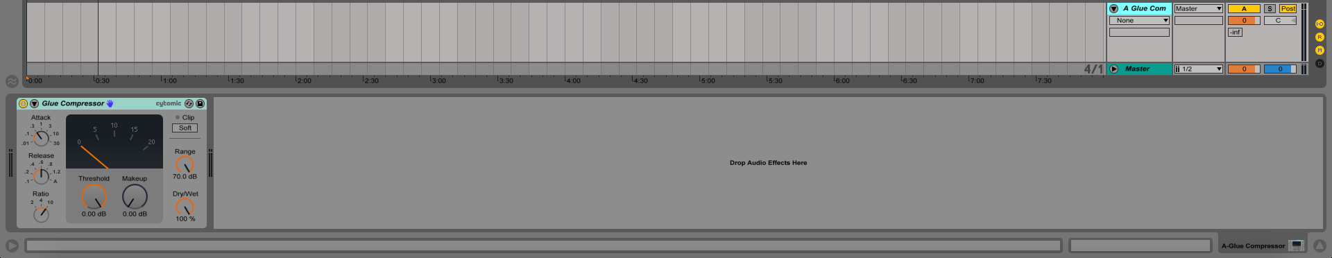 An image of Ableton's Glue Compressor on a return track.