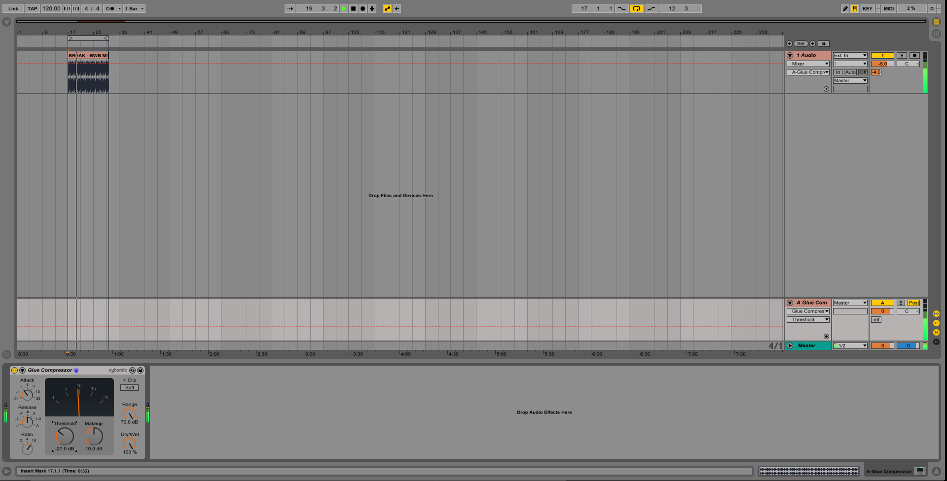 An image of Ableton's Glue Compressor affecting a return track.