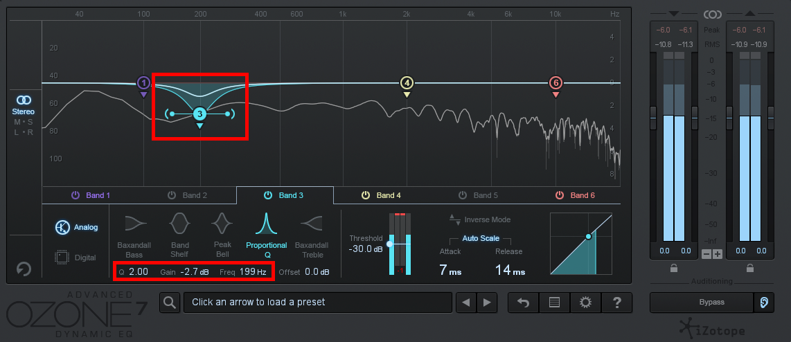 An image of the band controls in iZotope Ozone 7's Dynamic EQ.