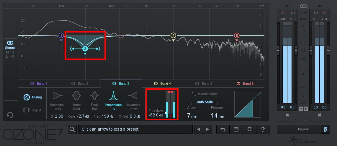 An image of band threshold in iZotope Ozone 7's Dynamic EQ.