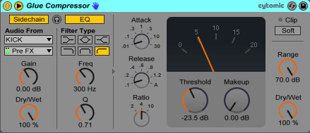 An image of rough recommended sidechain compression settings using Ableton's Glue Compressor.