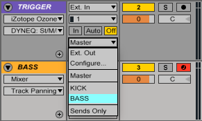 An image of a trigger track's output set to "BASS" in Ableton.