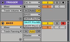 An image of track output device set to "3/4-FF Pro-MB" in Ableton.