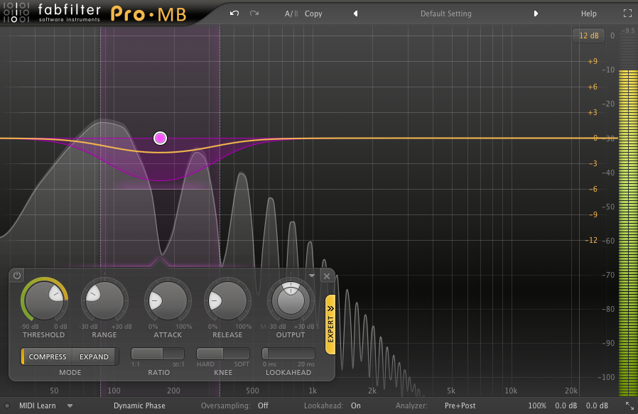 An image of a single band applying slight gain reduction in FabFilter's Pro-MB plugin.