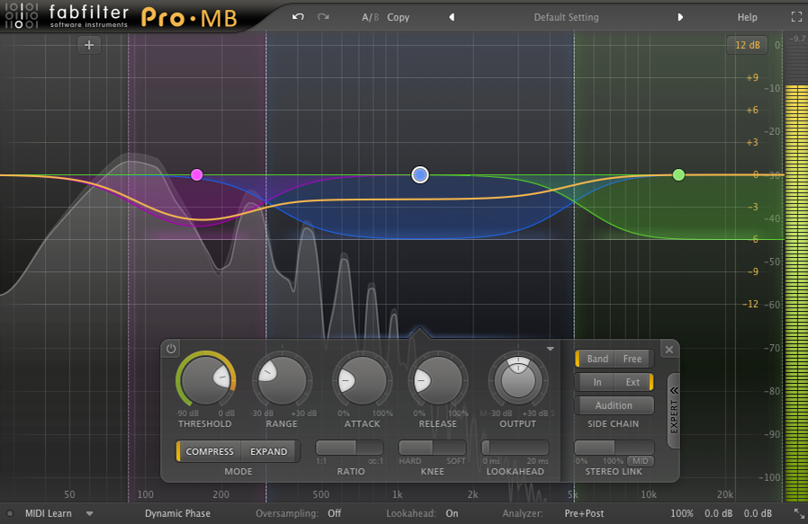 An image of 3 bands with various compression and input settings in FabFilter's Pro-MB.