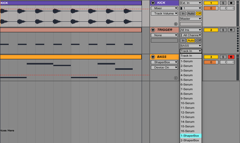 An image of track output device set to "1-ShaperBox" in Ableton.