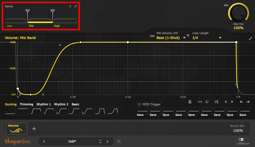 An image of the multi-band sidechain volume automation function in VolumeShaper.