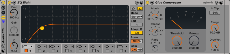 An image of an Audio Effect Rack's Device View in Ableton.