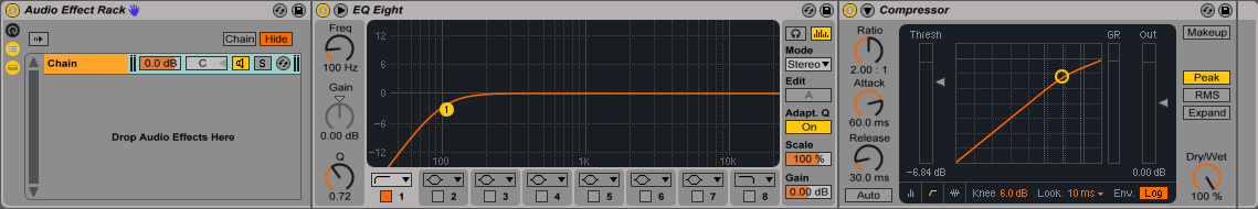 An image of an Audio Effect Rack's Chain List in Ableton.