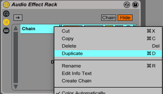 An image of how to duplicate a chain in an Audio Effect Rack within Ableton.