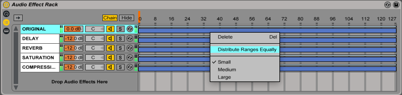 An image of how to Distribute Ranges Equally in Ableton's Audio Effect Rack.