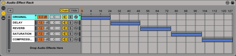 An image of evenly distributed ranges in Ableton's Audio Effect Rack.