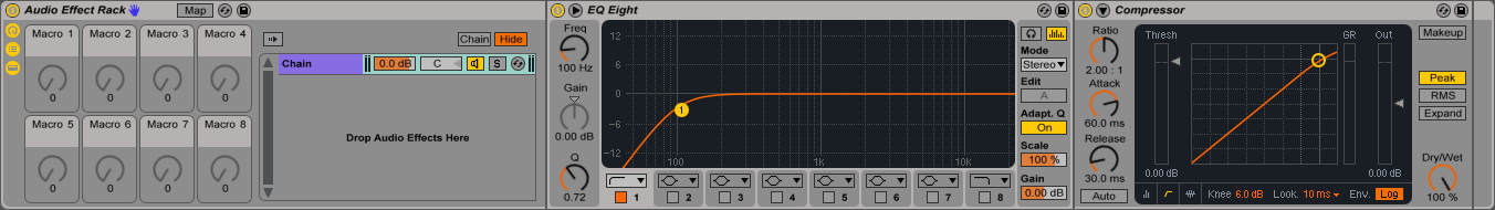 An image of the Macro Control Panel in an Audio Effect Rack in Ableton.