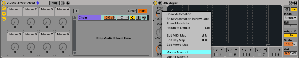 An image of how to map to Macro 1 in an Audio Effect Rack in Ableton.