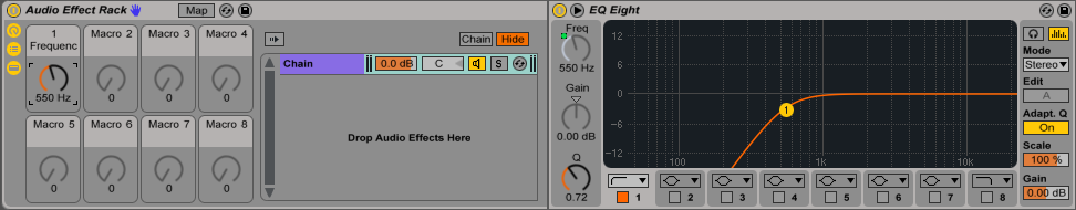 An image of Macro 1 mapped to the high-pass frequency parameter of EQ Eight.