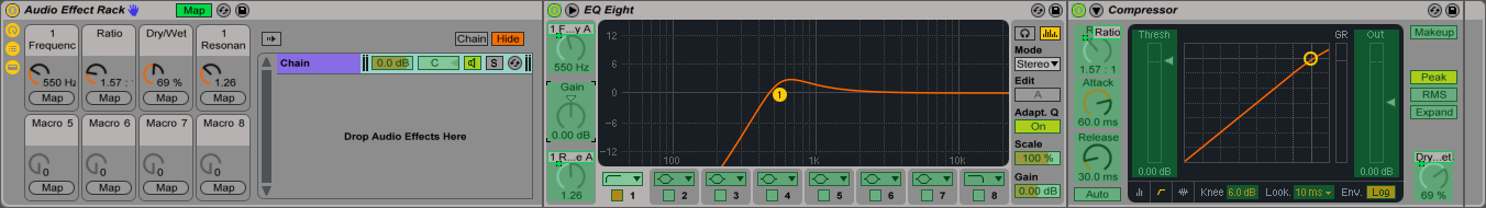 An image of Macro Map Mode engaged in Ableton Live.