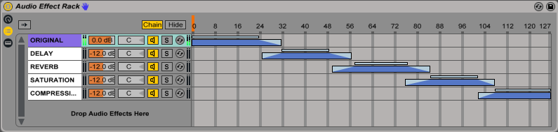 An image of fade ranges modified within Ableton's Audio Effect Rack.