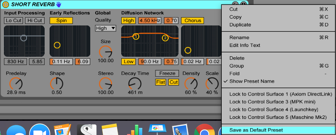 An image of how to save a default device preset in Ableton Live.