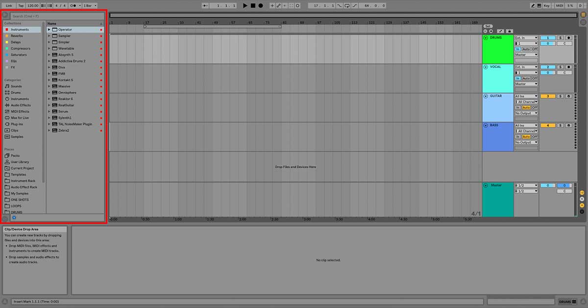 An image of Ableton Live's Browser.