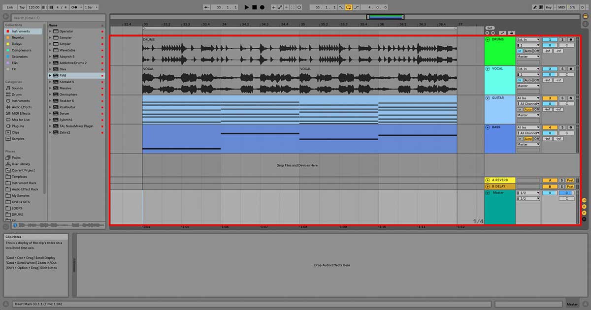 An image of audio tracks, MIDI tracks, return tracks, and the master channel in Ableton Live.