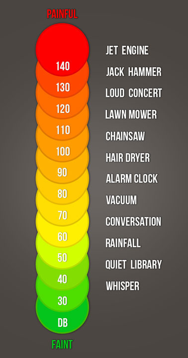 A picture of a decibel scale with examples of sounds at different decibel levels.