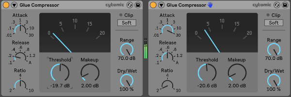 A picture of two of Ableton's Glue Compressors in serial with one another.