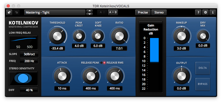 A picture of TDR's Kotelnikov compressor plugin.