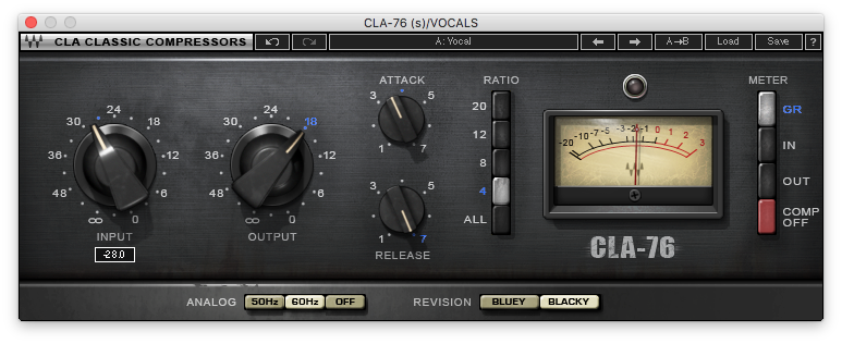 A picture of Waves' CLA-76 compressor plugin.