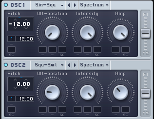 An image of the pitch of Oscillator  and 2 automated to increase semitones in Native Instruments' Massive.