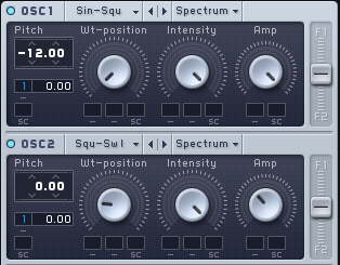 An image of Envelope 1 applied o the pitch control of Oscillator 1 and 2 in Native Instruments' Massive.