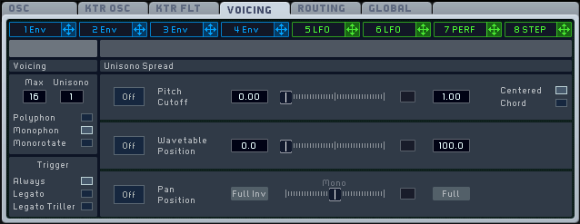 An image of the Voicing section in Native Instruments' Massive.