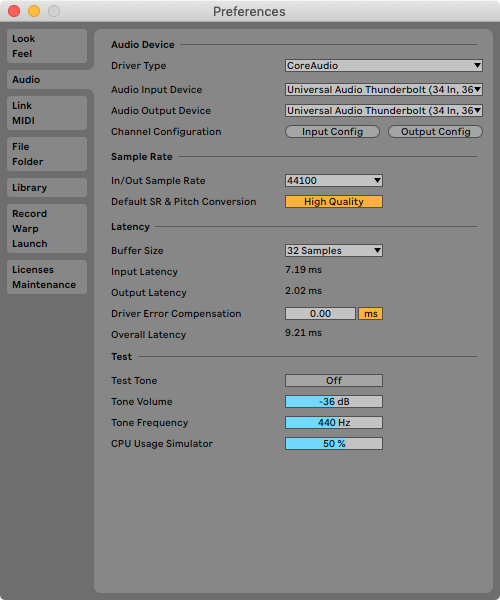 An image of Ableton's Audio Preferences menu.