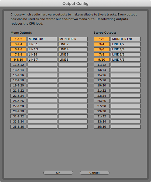 An image of Ableton's Output Configuration menu.