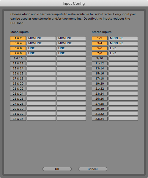 An image of Ableton's Input Configuration menu.