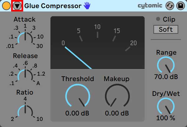 An image of Glue Compressor's Sidechain Toggle button highlighted in red.