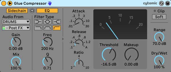 An image of Ableton's Glue Compressor using natural sidechain compression settings.