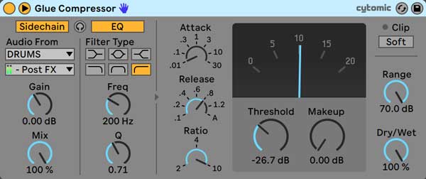 An image of Ableton's Glue Compressor using aggressive sidechain compression settings.