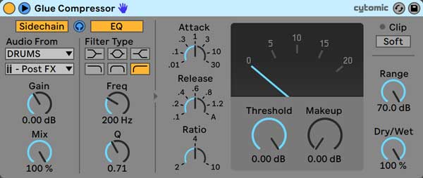 An image of Glue Compressor's "EQ" button and Headphone Listen button engaged.