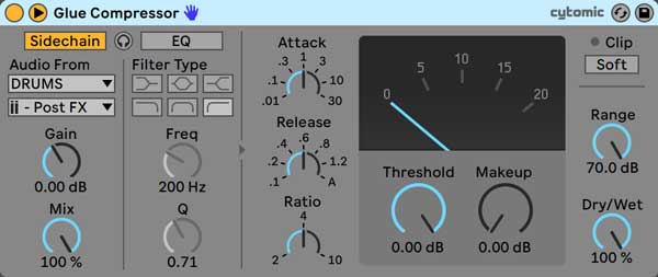 An image of "DRUMS" selected as the sidechain input track, and a kick drum being tapped post FX.