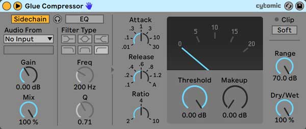 An image of Ableton's Glue Compressor with the "Sidechain" button engaged.