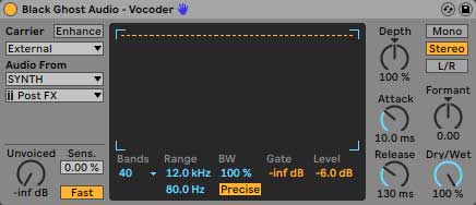 An image of recommended vocoder settings using Ableton's Vocoder.