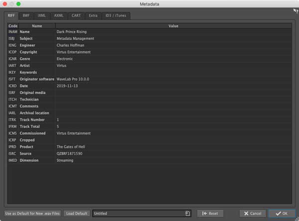 An image of the Metadata Editor in Wavelab Pro 10.