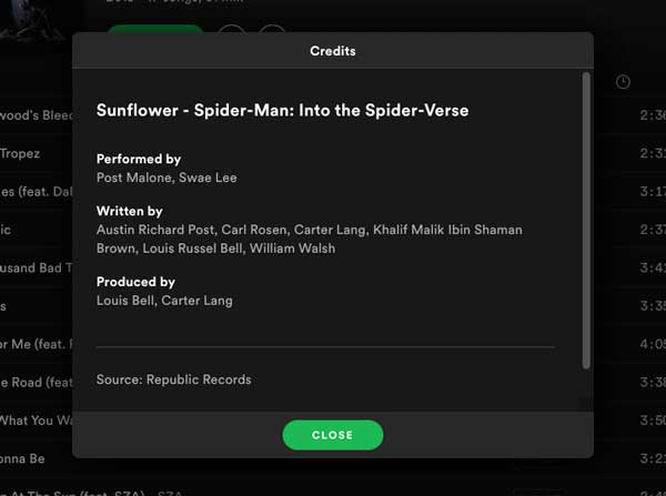 An image of the credits for "Sunflower - Spider-Man: Into the Spider-Verse" on Spotify.