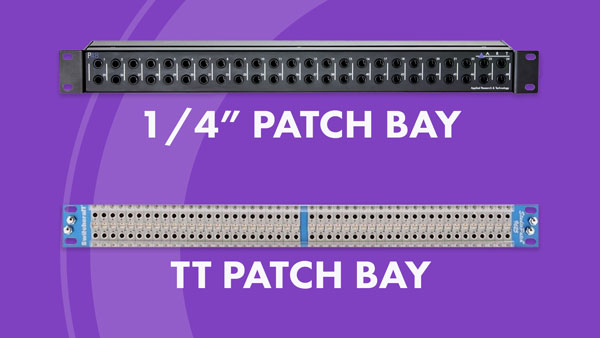 An image of a 1/4" patch bay and a TT patch bay.