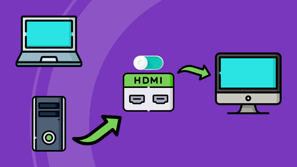 An image of an HDMI switch being used to display a desktop computer's content on an external monitor.