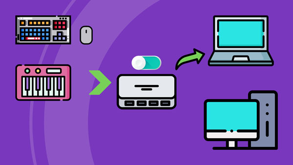 An image of a USB switch being used to control a laptop with a keyboard, mouse, and MIDI controller.