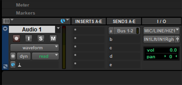 A send that's routing a duplicate signal from an audio tracked called "Audio 1" to Bus 1-2 in Pro Tools.