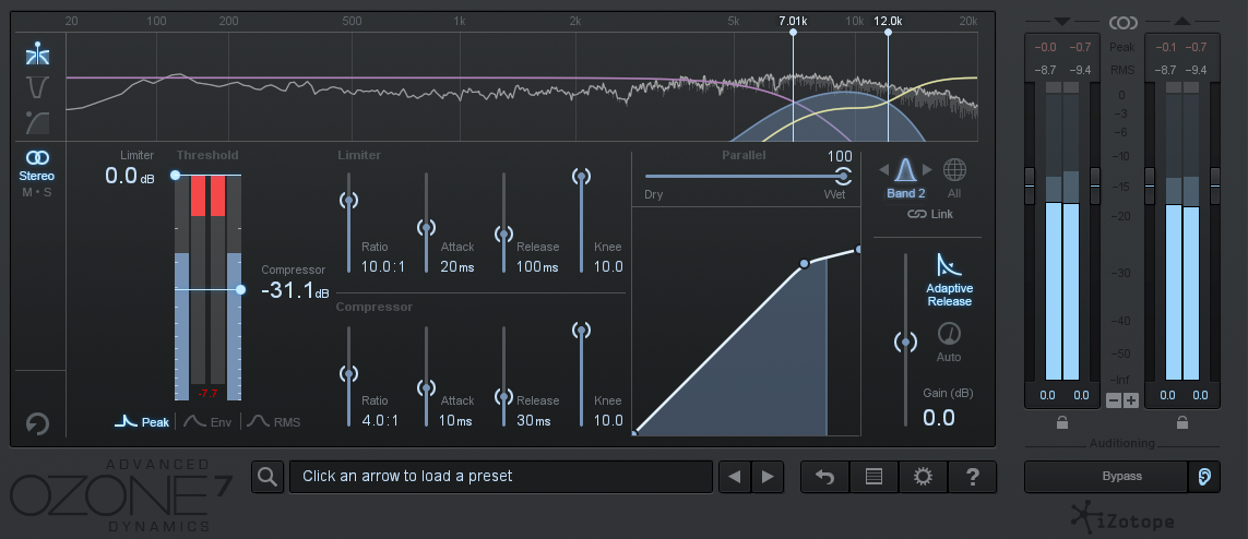 An image of recommended de-esser settings using iZotope Ozone 7's Dynamics module.