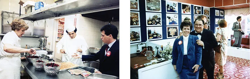 Left: Three people preparing food in a kitchen with bowls of berries and trays on the counter; Right: Four people in a room with food photos on the wall, two posing for a photo while two others converse in the background.