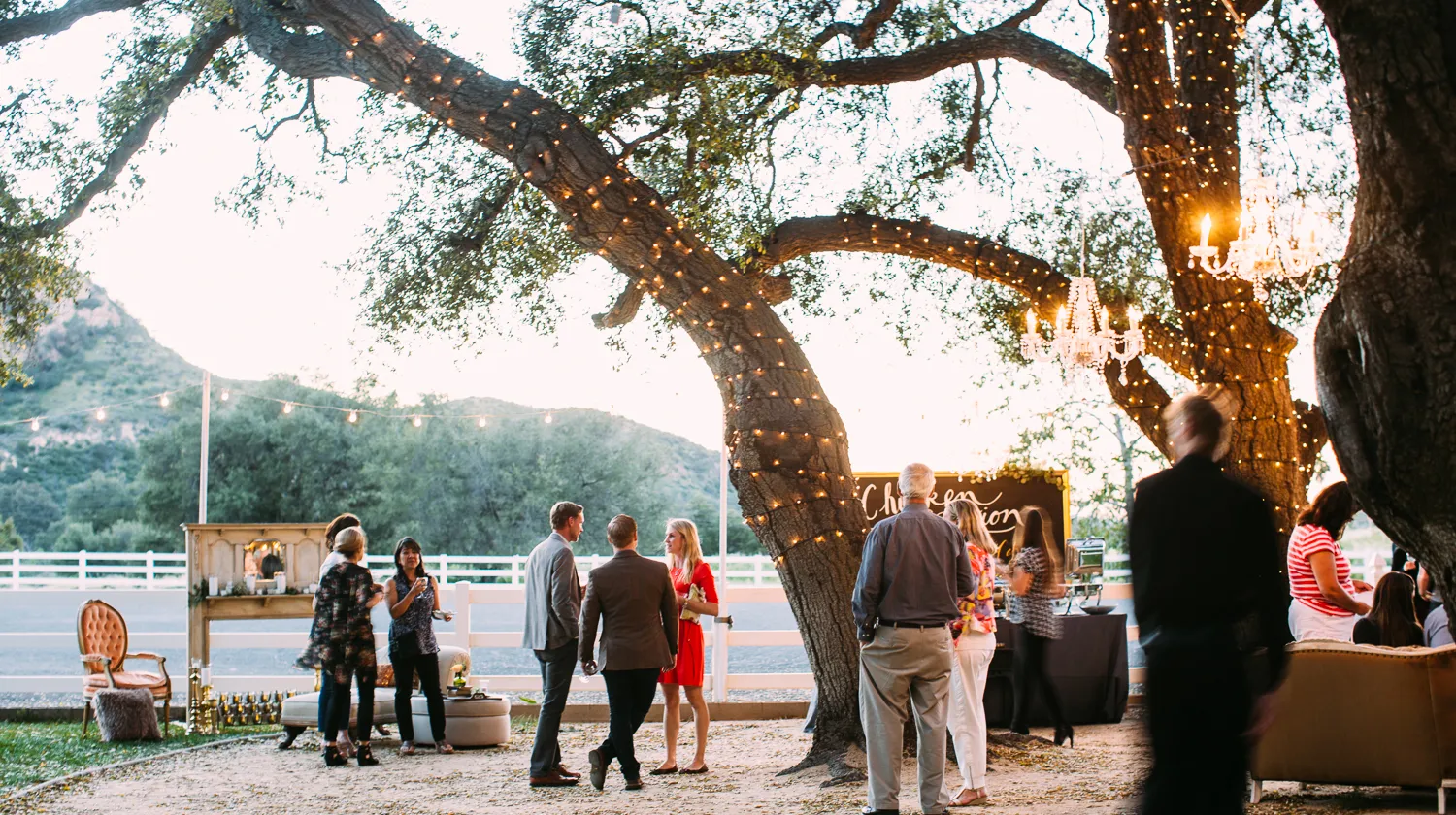 Outdoor social gathering at sunset with people mingling under large trees wrapped in string lights and chandeliers.